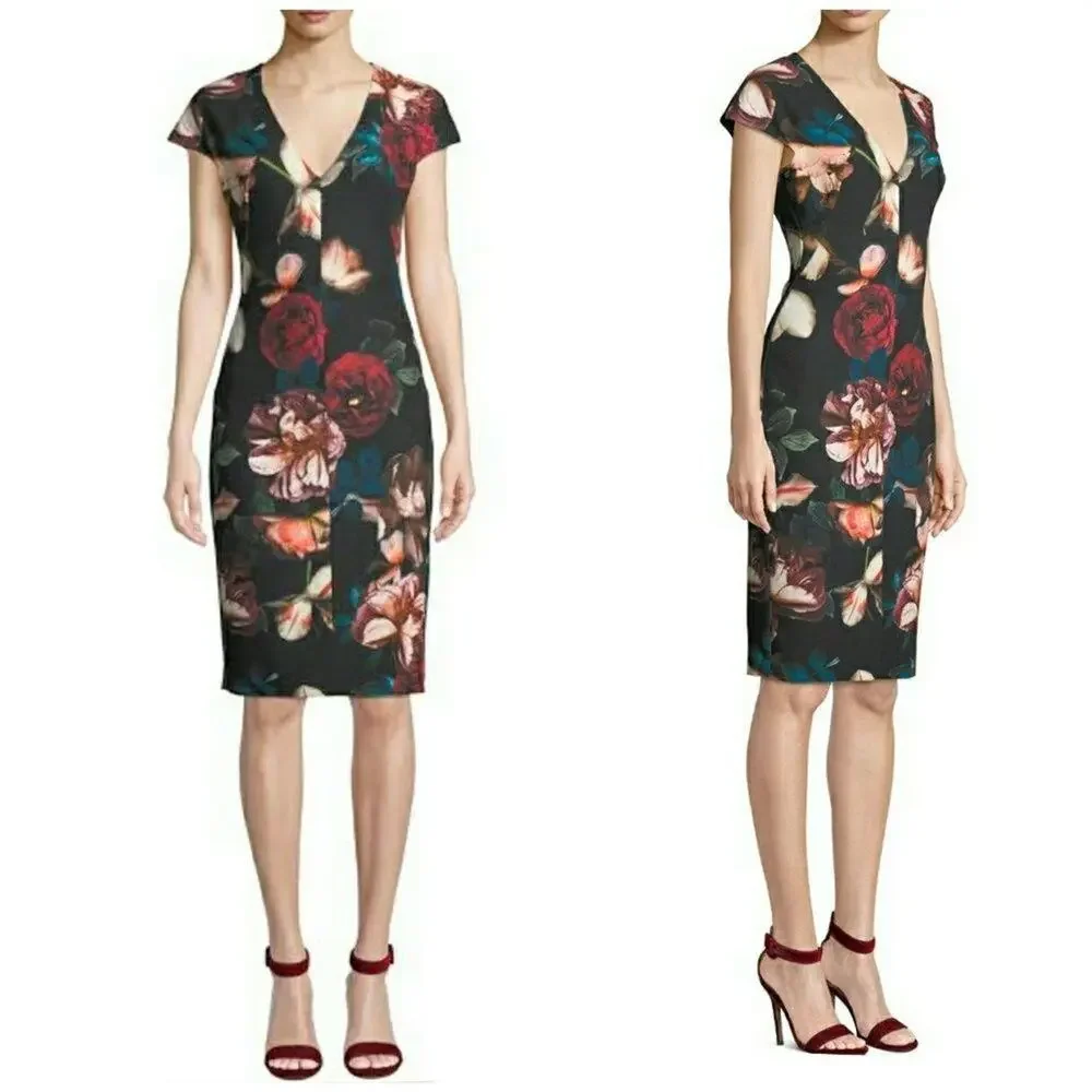 Black Halo Floral-Print Short -Sleeve Sheat Dress - Picture 2 of 6